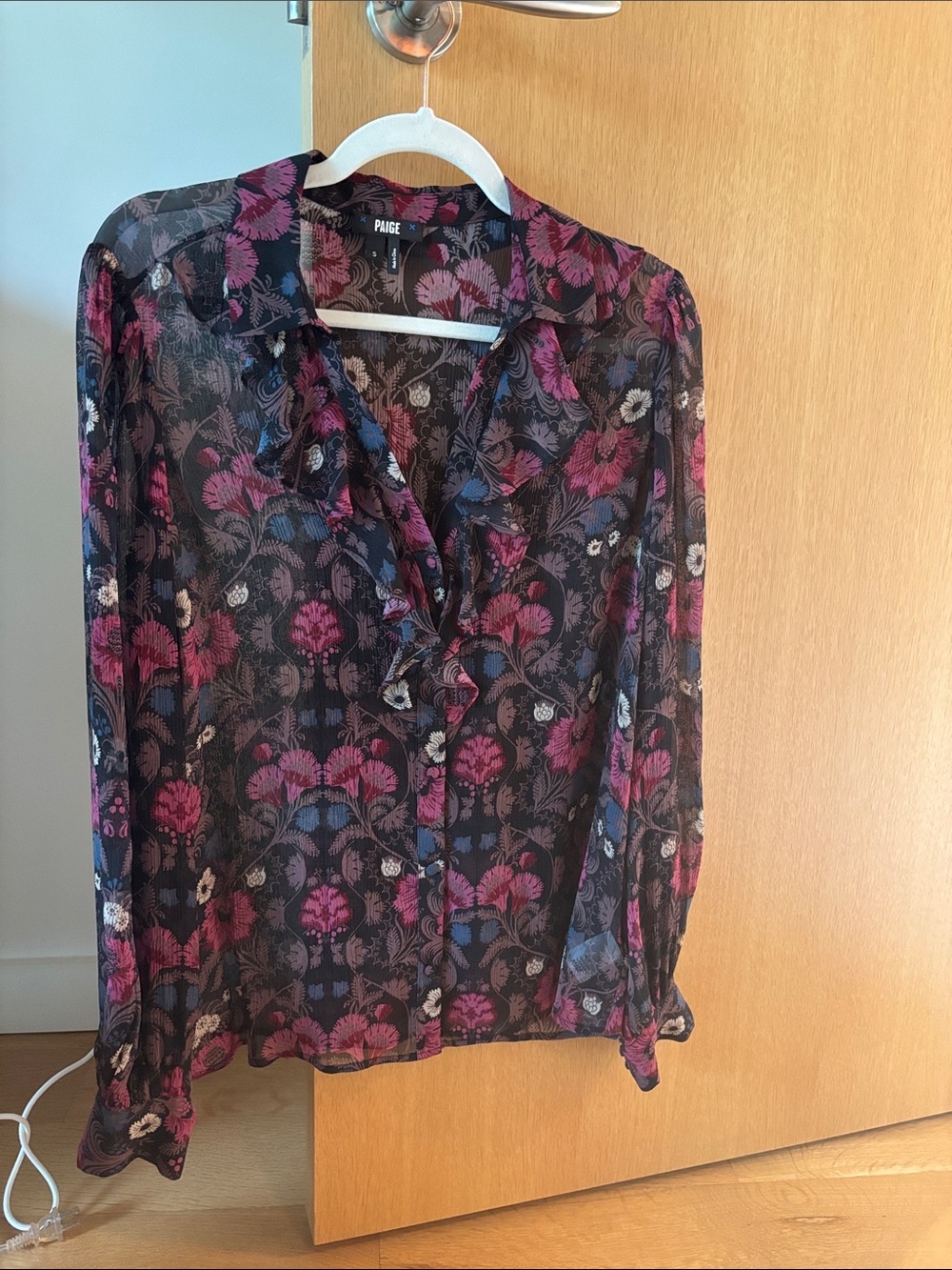 PAIGE Black Sheer Floral Ruffle Blouse with Pink & Blue Accents